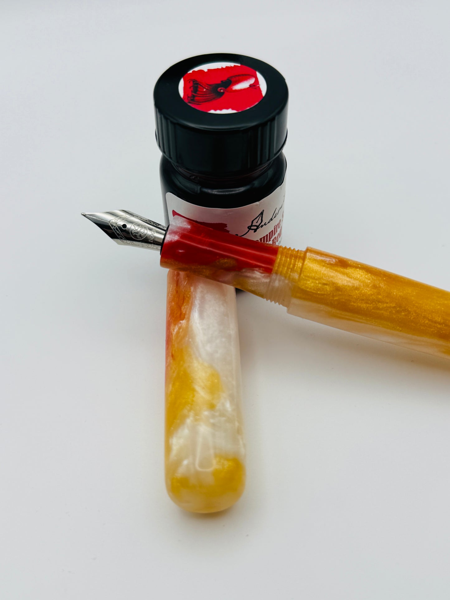 Roman Gold, Red and White Cast Resin Fountain Pen with Bock Nib