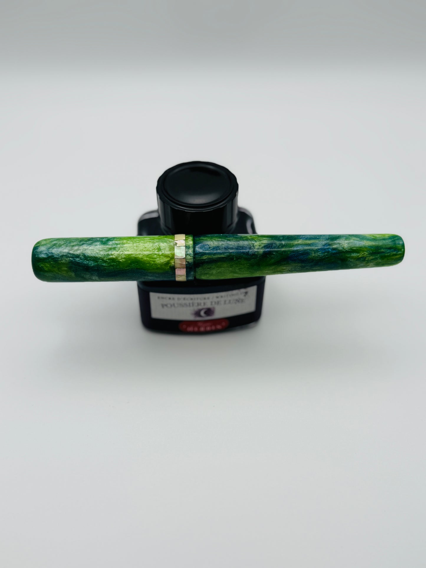 Abalone Inlay, Green, Blue and White Cast Resin Fountain Pen with Bock Nib