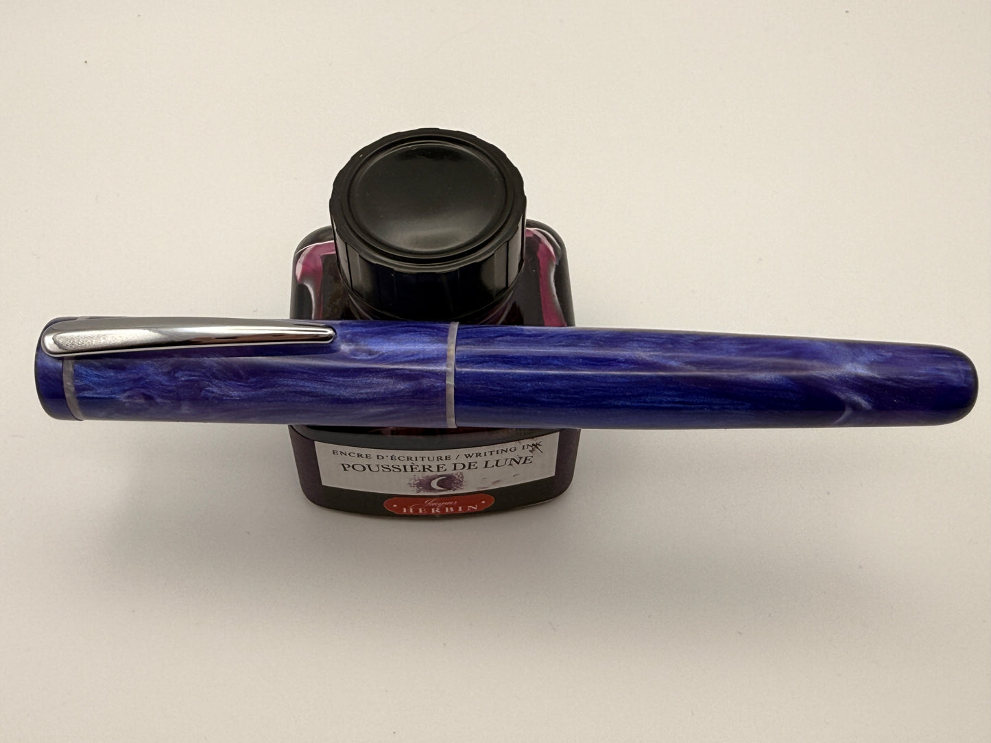 Custom Bespoke Purple and White Fountain Pen with Clip and White Accents