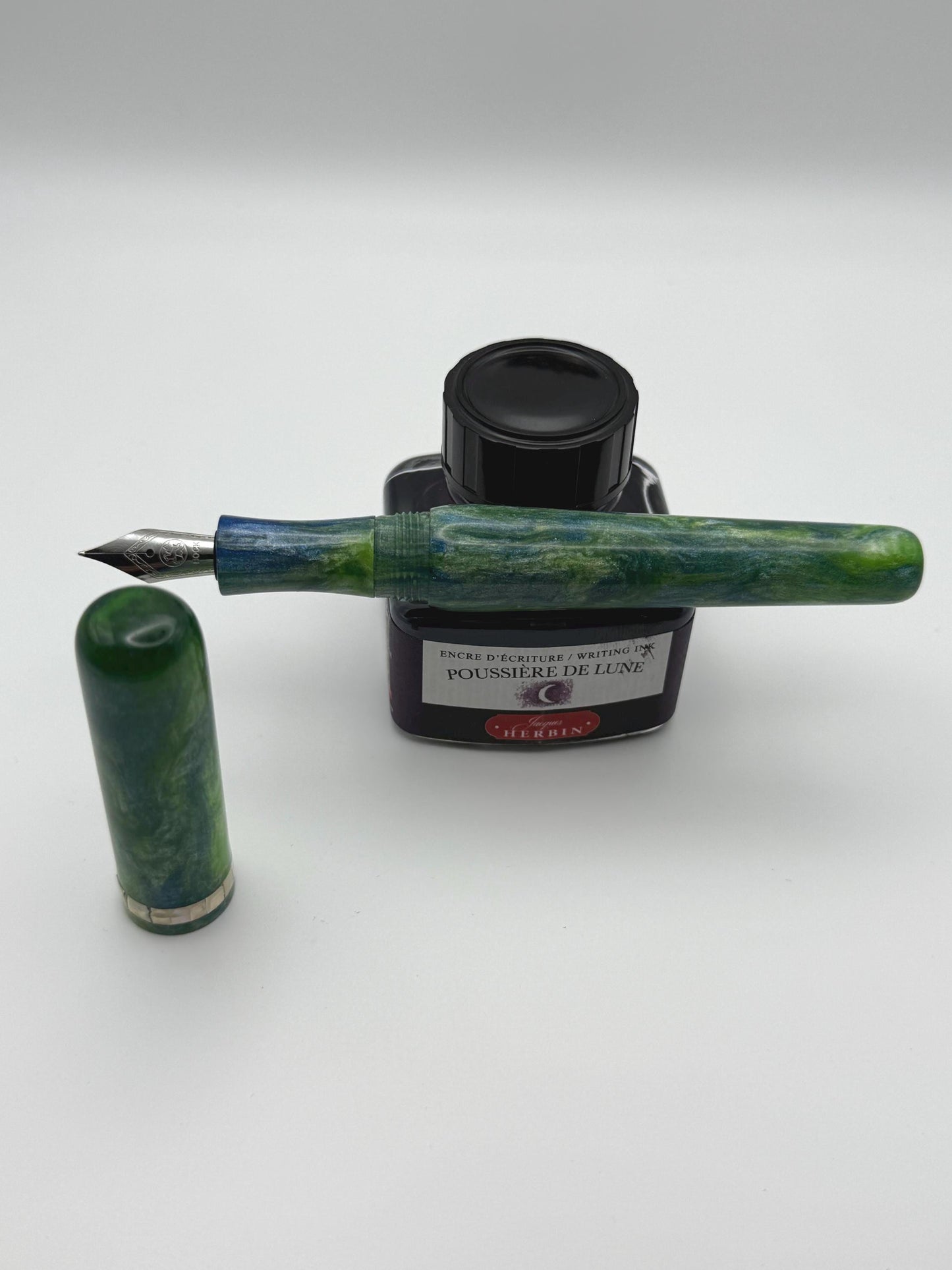 Abalone Inlay, Green, Blue and White Cast Resin Fountain Pen with Bock Nib