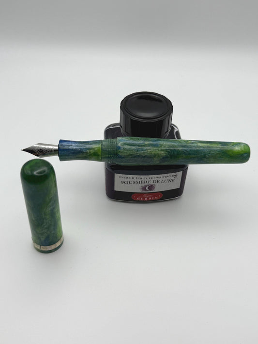 Abalone Inlay, Green, Blue and White Cast Resin Fountain Pen with Bock Nib