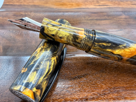 Golden Galaxy Gold and Black Cast Resin Fountain Pen with Bock Nib