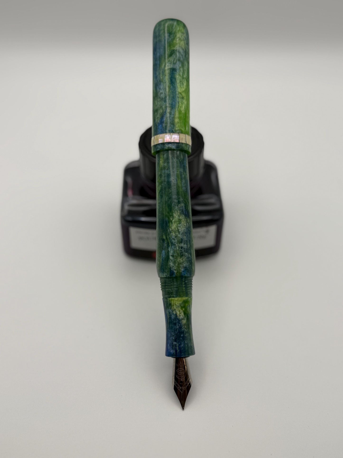 Abalone Inlay, Green, Blue and White Cast Resin Fountain Pen with Bock Nib