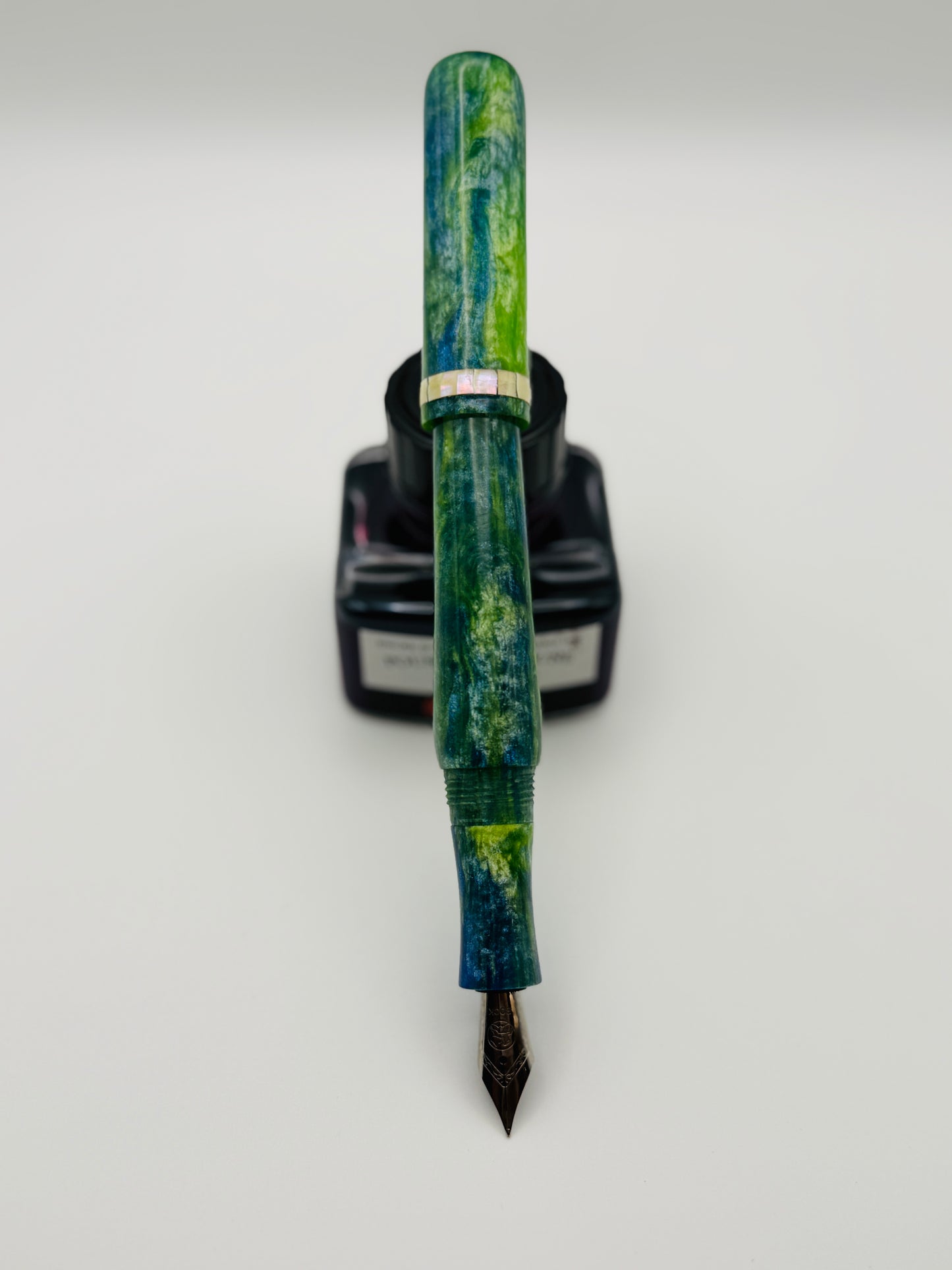 Abalone Inlay, Green, Blue and White Cast Resin Fountain Pen with Bock Nib