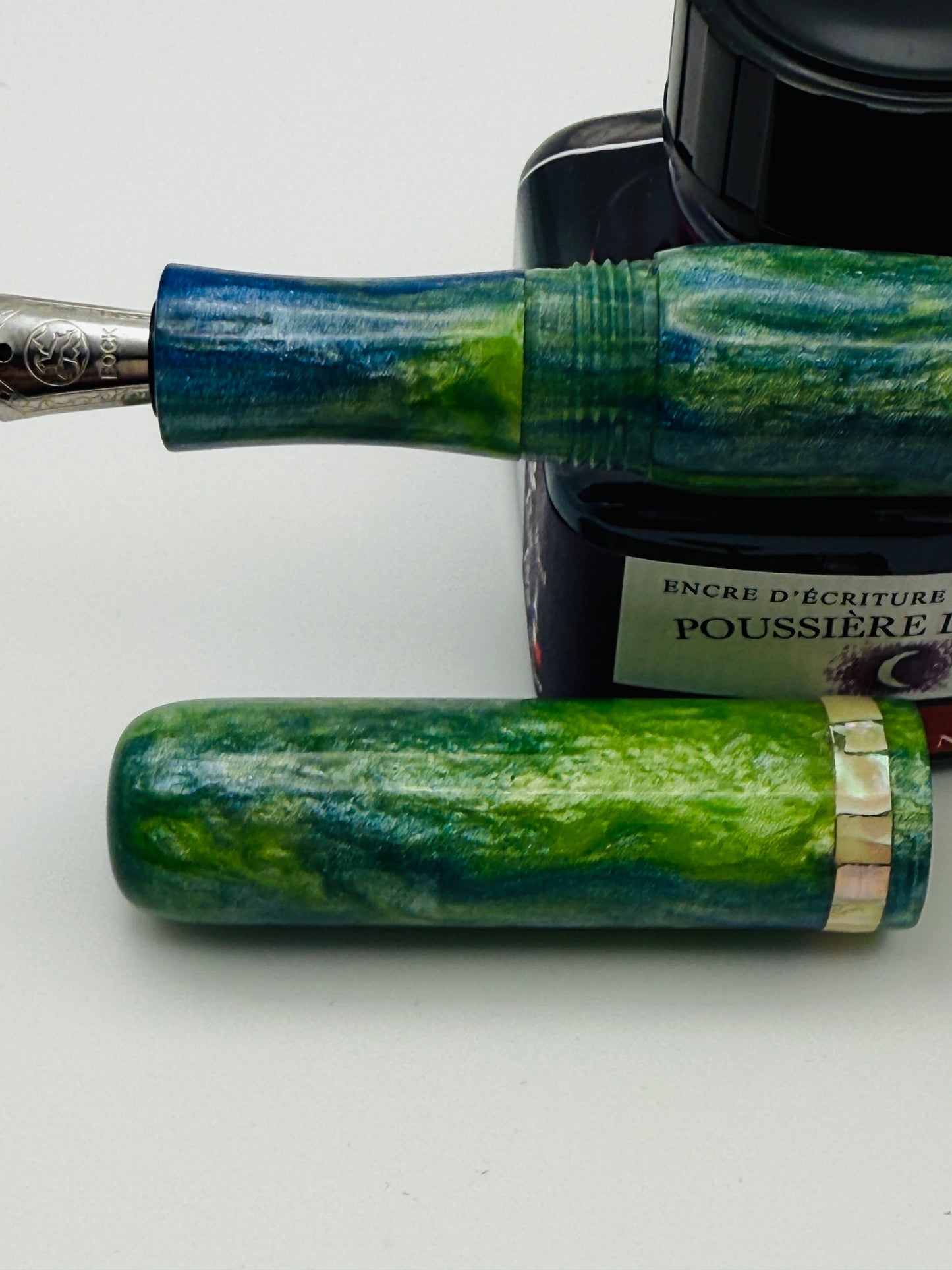 Abalone Inlay, Green, Blue and White Cast Resin Fountain Pen with Bock Nib