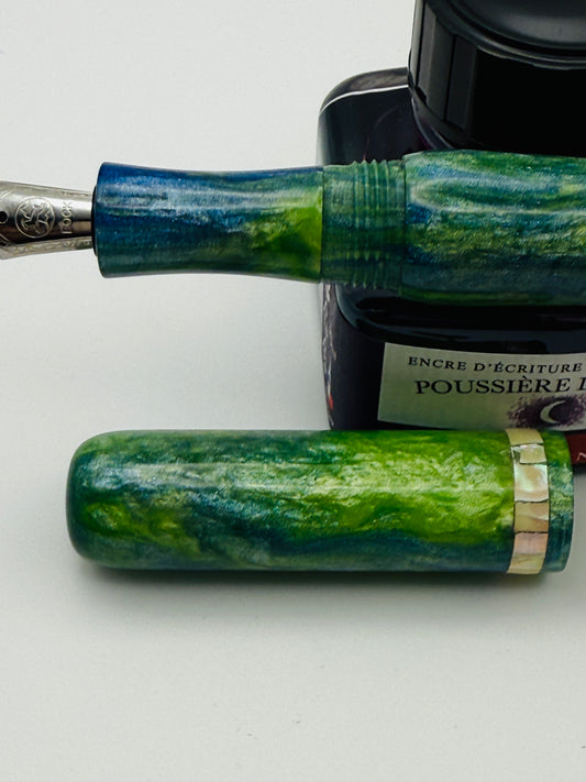 Abalone Inlay, Green, Blue and White Cast Resin Fountain Pen with Bock Nib