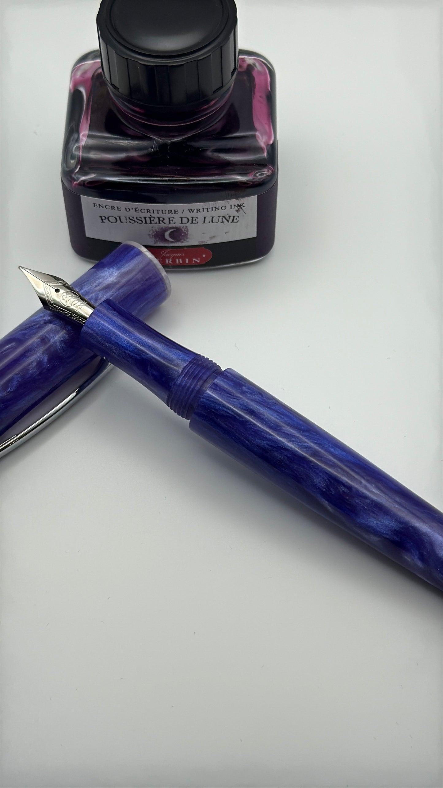 Custom Bespoke Purple and White Fountain Pen with Clip and White Accents