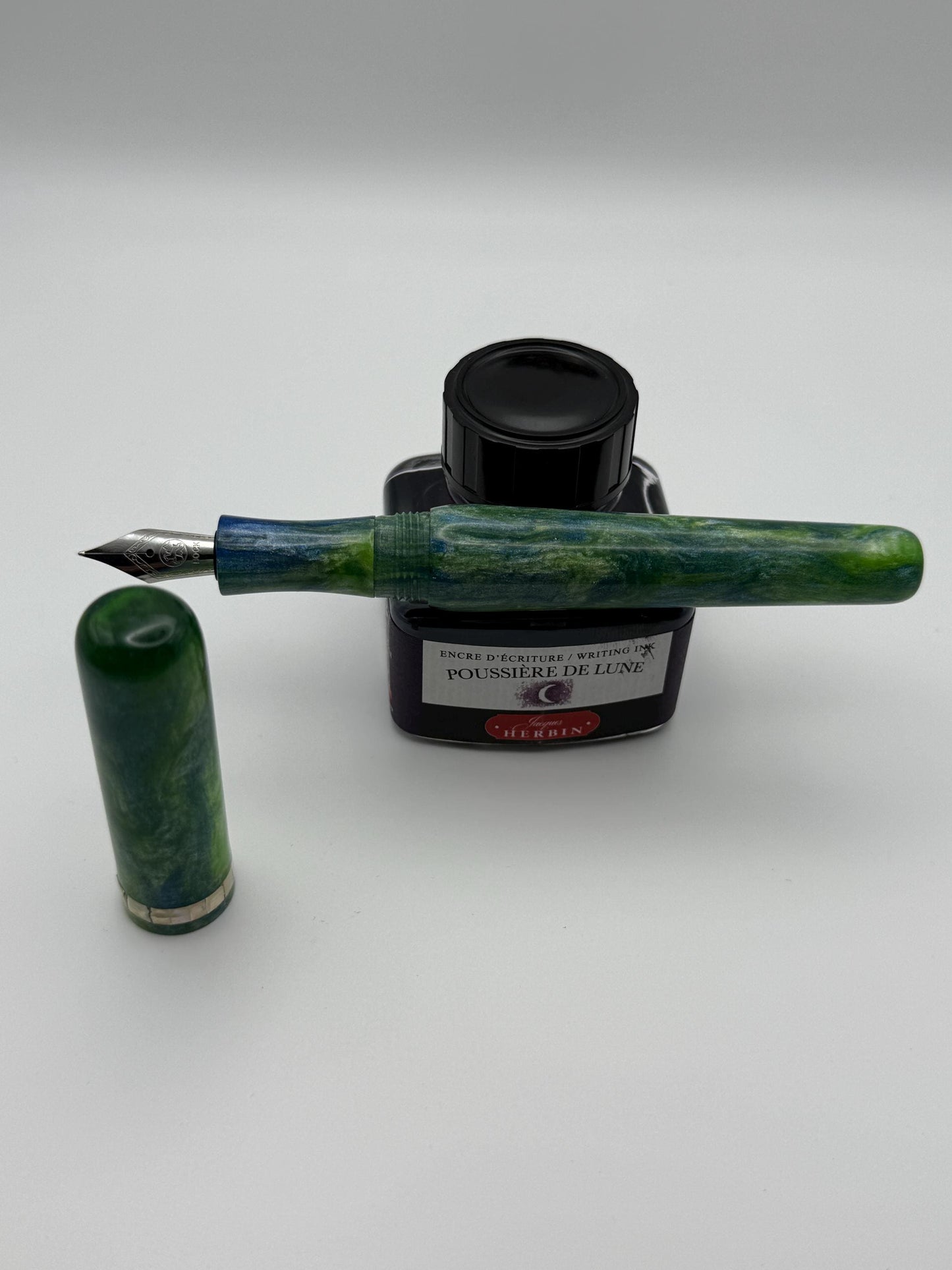 Abalone Inlay, Green, Blue and White Cast Resin Fountain Pen with Bock Nib
