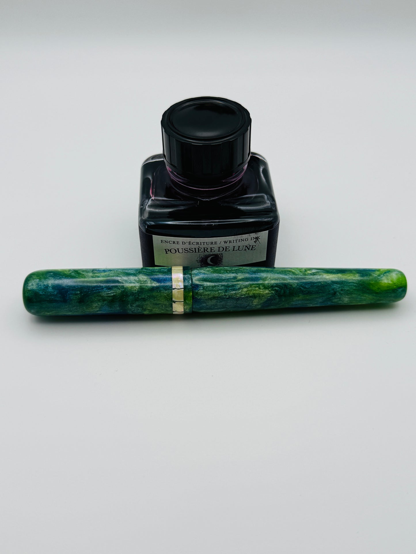 Abalone Inlay, Green, Blue and White Cast Resin Fountain Pen with Bock Nib