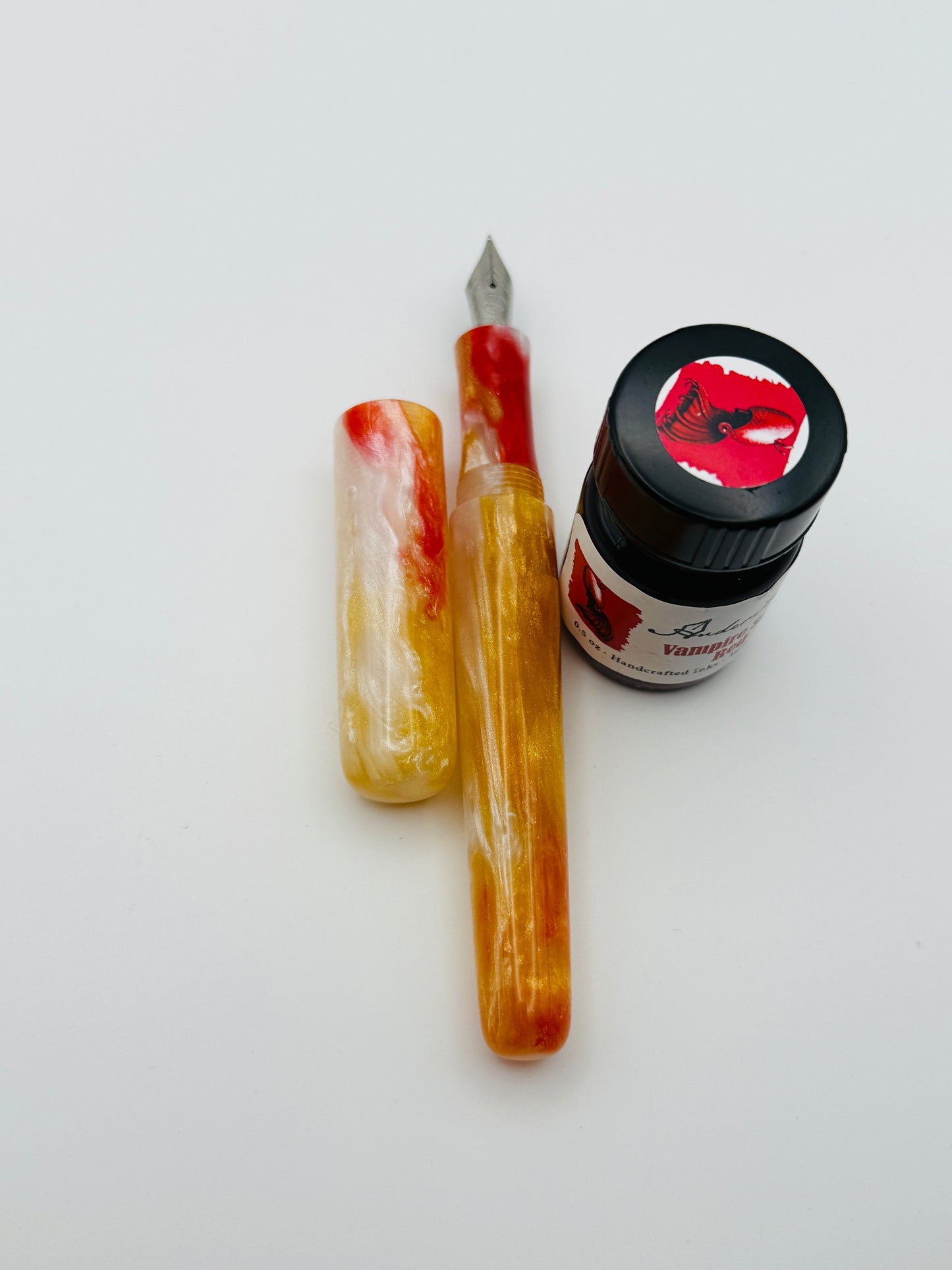 Roman Gold, Red and White Cast Resin Fountain Pen with Bock Nib