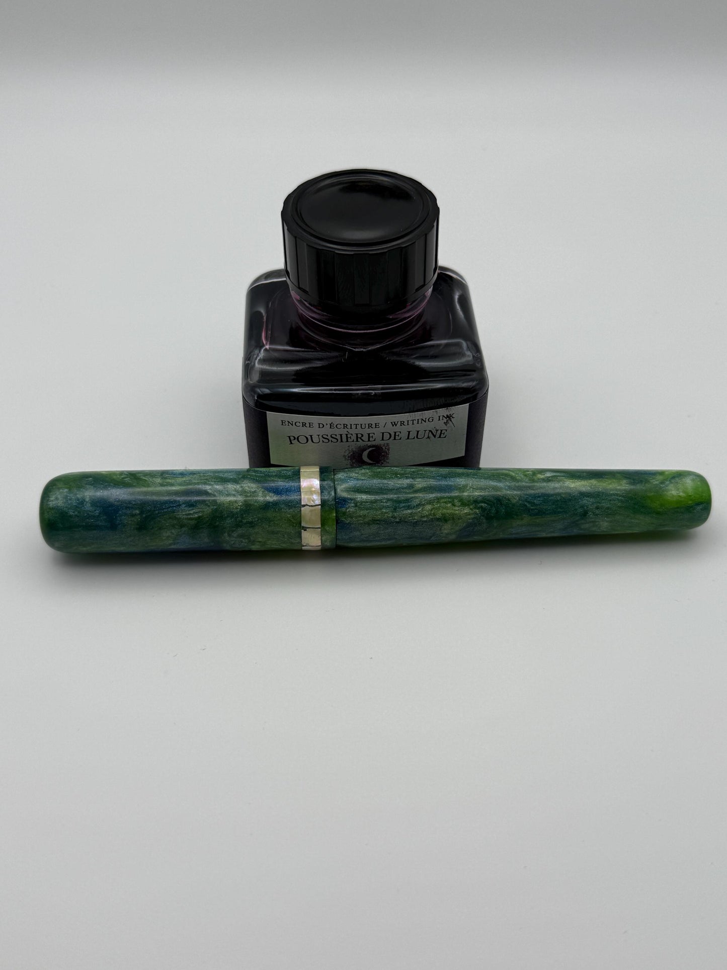 Abalone Inlay, Green, Blue and White Cast Resin Fountain Pen with Bock Nib