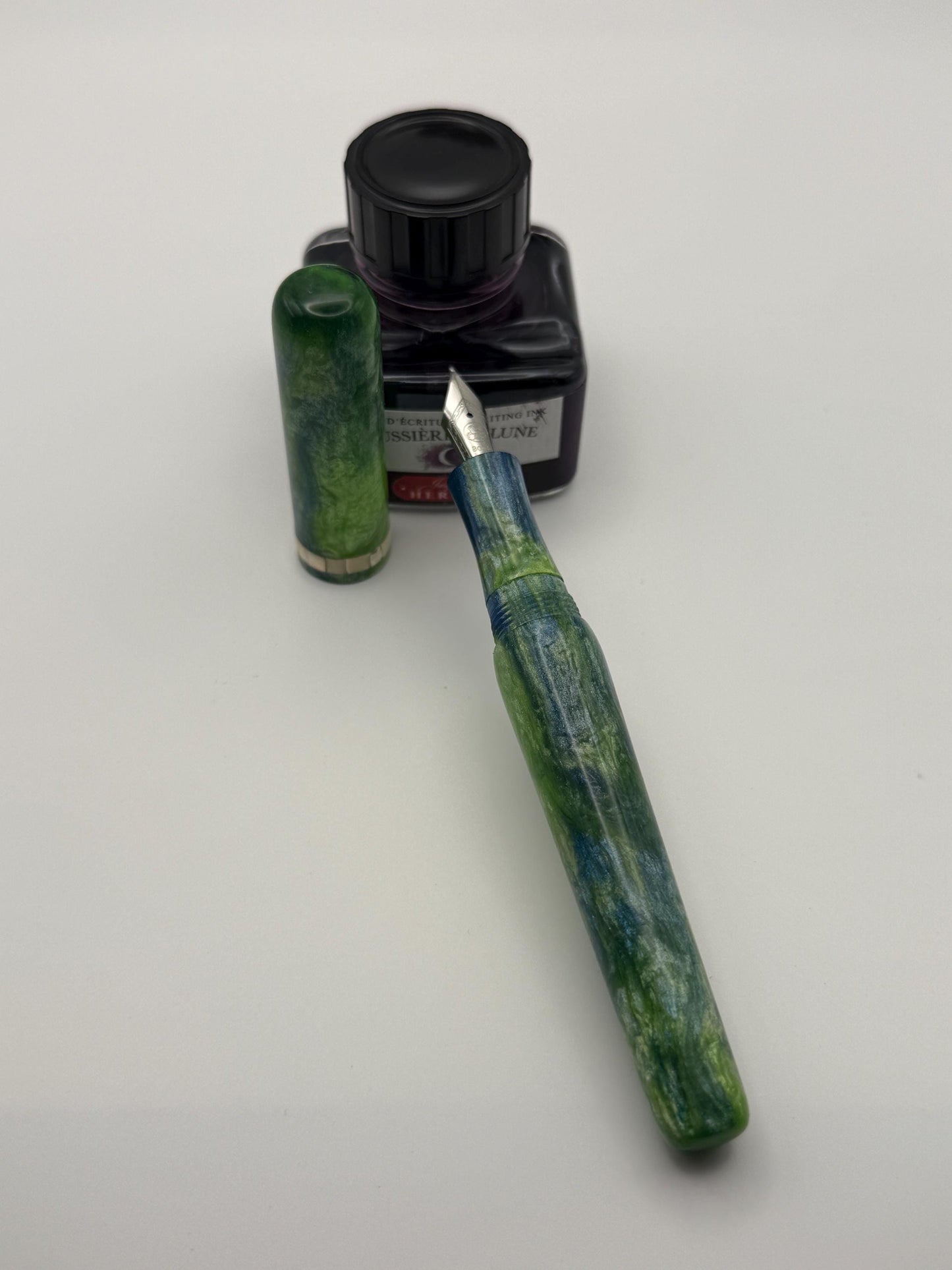 Abalone Inlay, Green, Blue and White Cast Resin Fountain Pen with Bock Nib